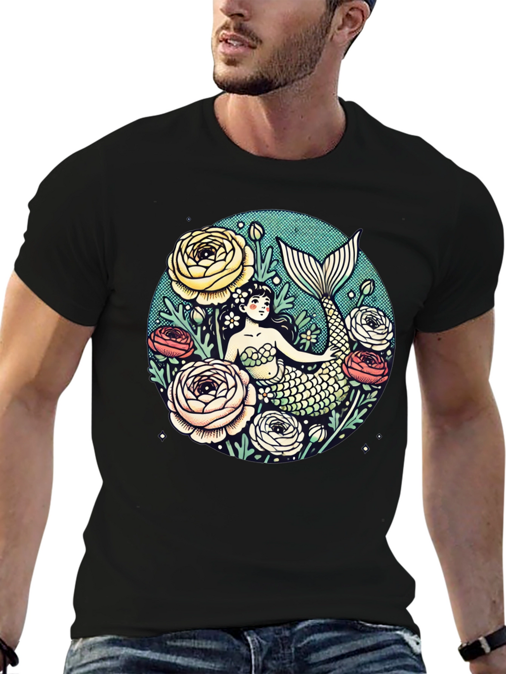 Mermaid Floral Graphic Tee - Soft Cotton Blend