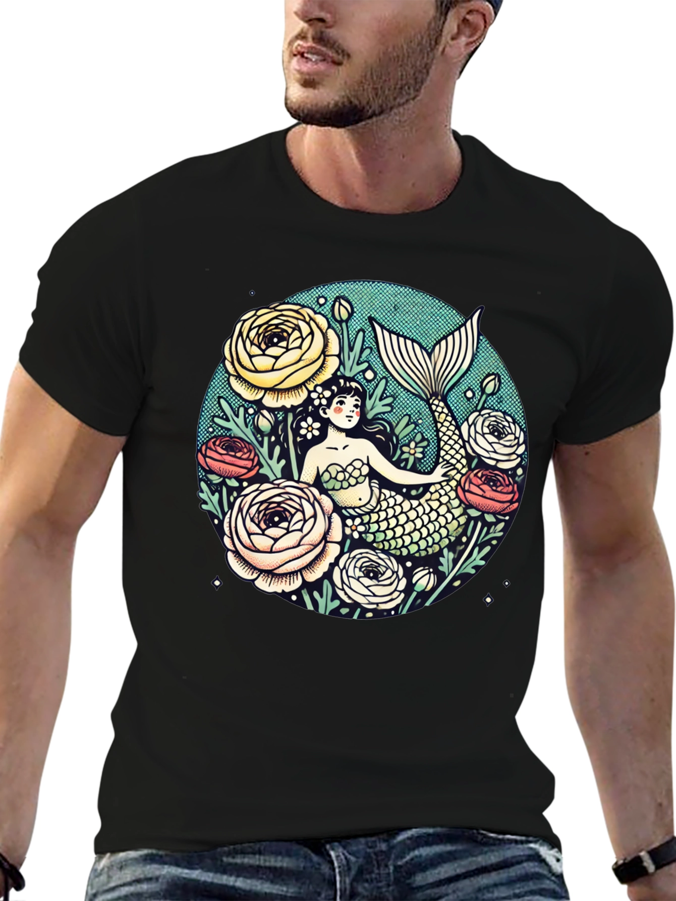 Mermaid Floral Graphic Tee - Soft Cotton Blend