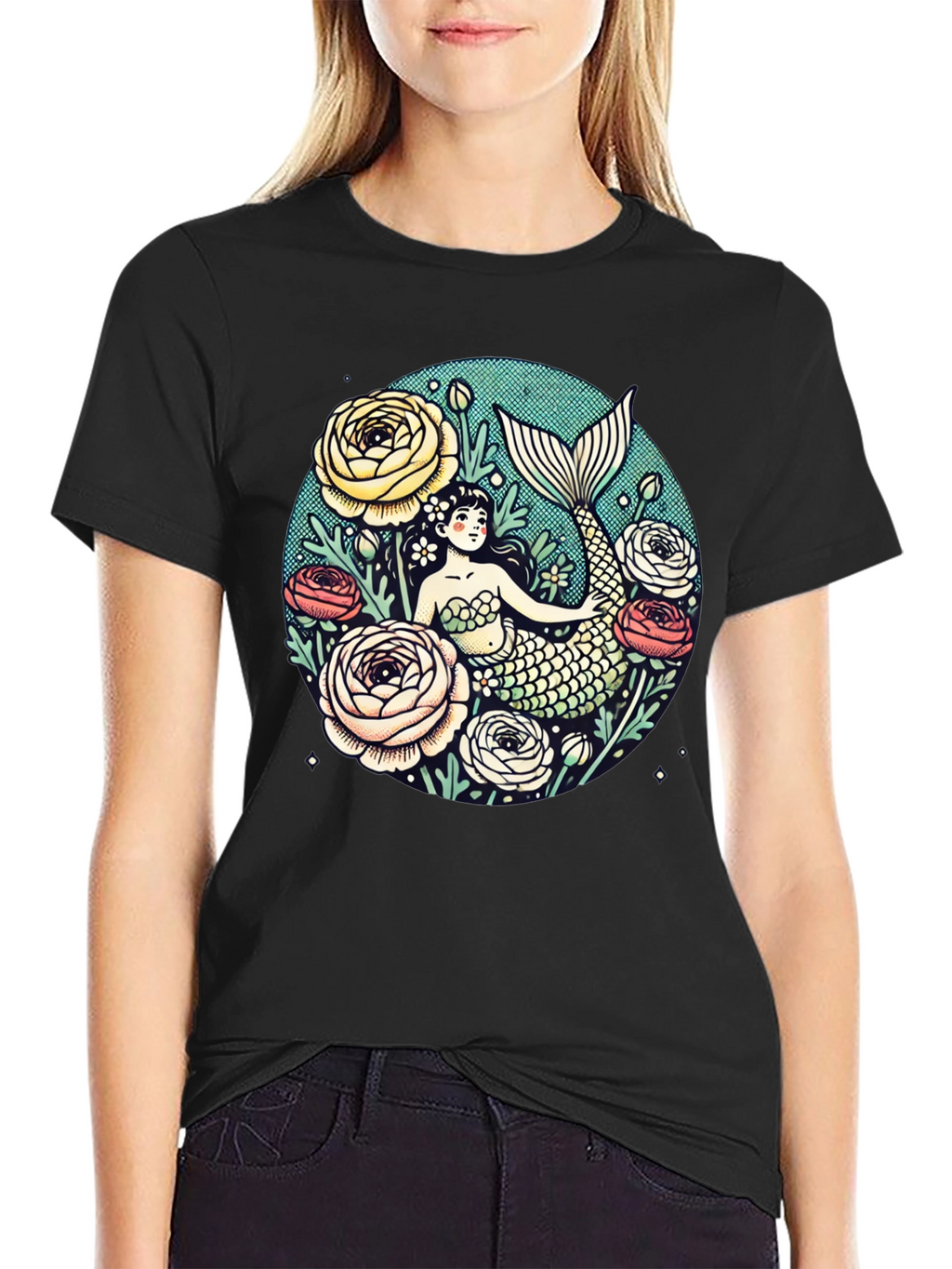 Mermaid Floral Graphic Tee - Soft Cotton Blend