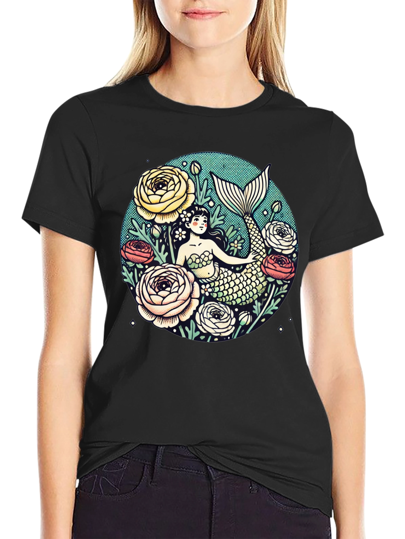 Mermaid Floral Graphic Tee - Soft Cotton Blend