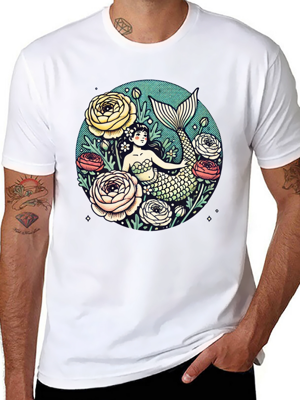 Mermaid Floral Graphic Tee - Soft Cotton Blend