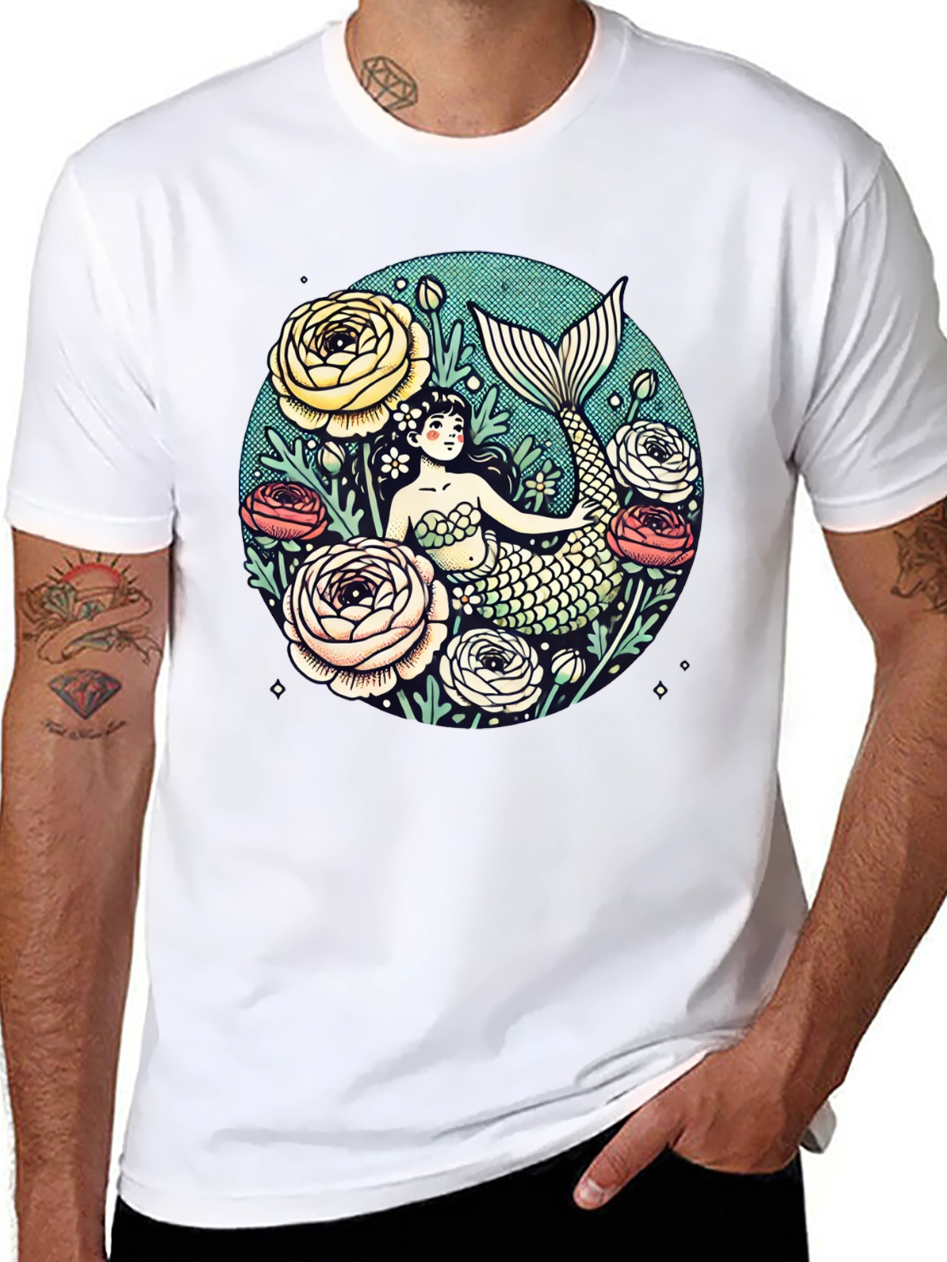 Mermaid Floral Graphic Tee - Soft Cotton Blend