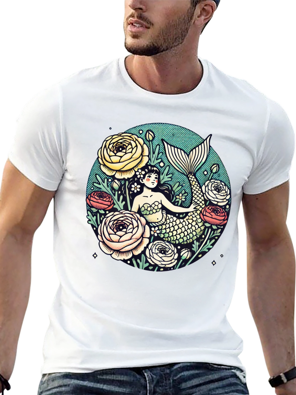 Mermaid Floral Graphic Tee - Soft Cotton Blend