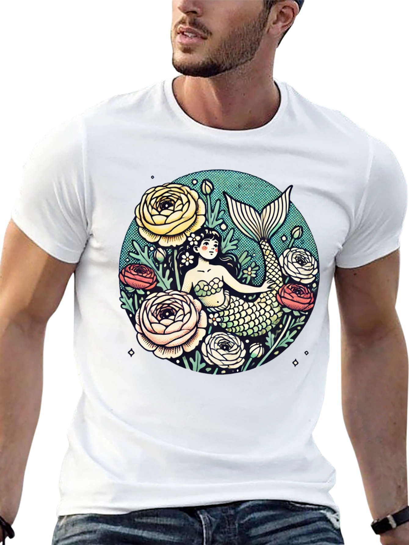 Mermaid Floral Graphic Tee - Soft Cotton Blend