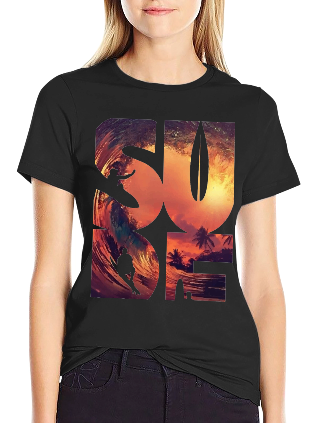 Sunset Surfer Graphic Tee - Black
