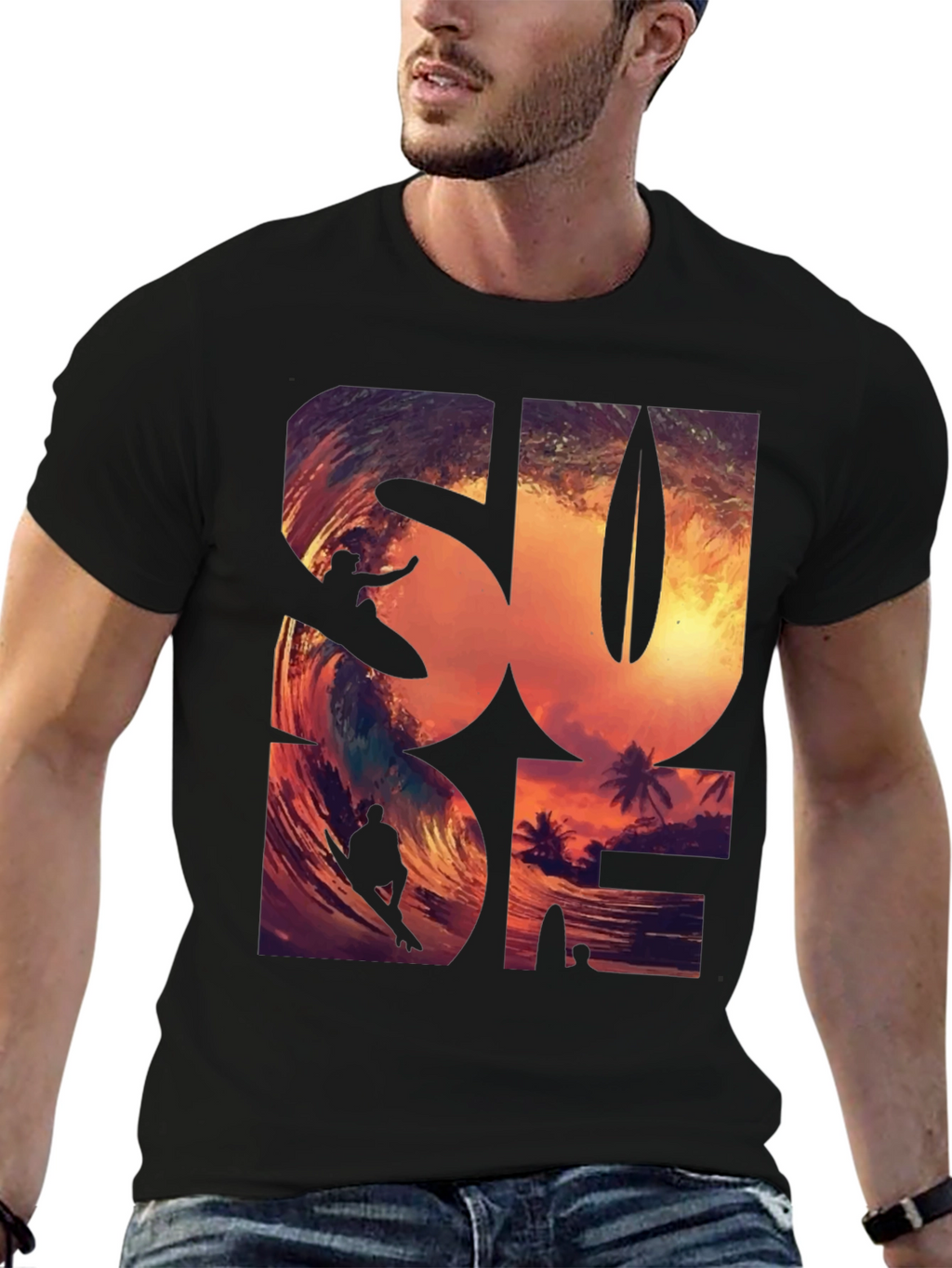 Sunset Surfer Graphic Tee - Black