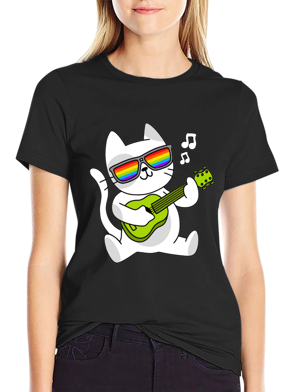 Cool Cat Guitarist Graphic Tee - Black