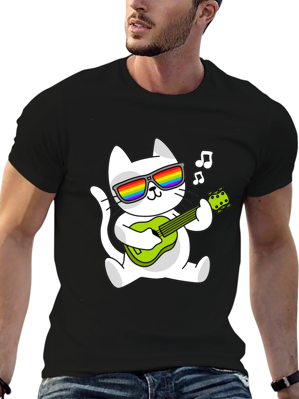 Cool Cat Guitarist Graphic Tee - Black