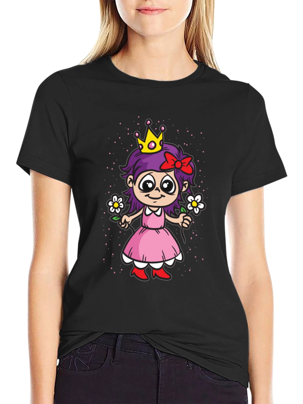 Cartoon Princess Girl Graphic T-Shirt - Black