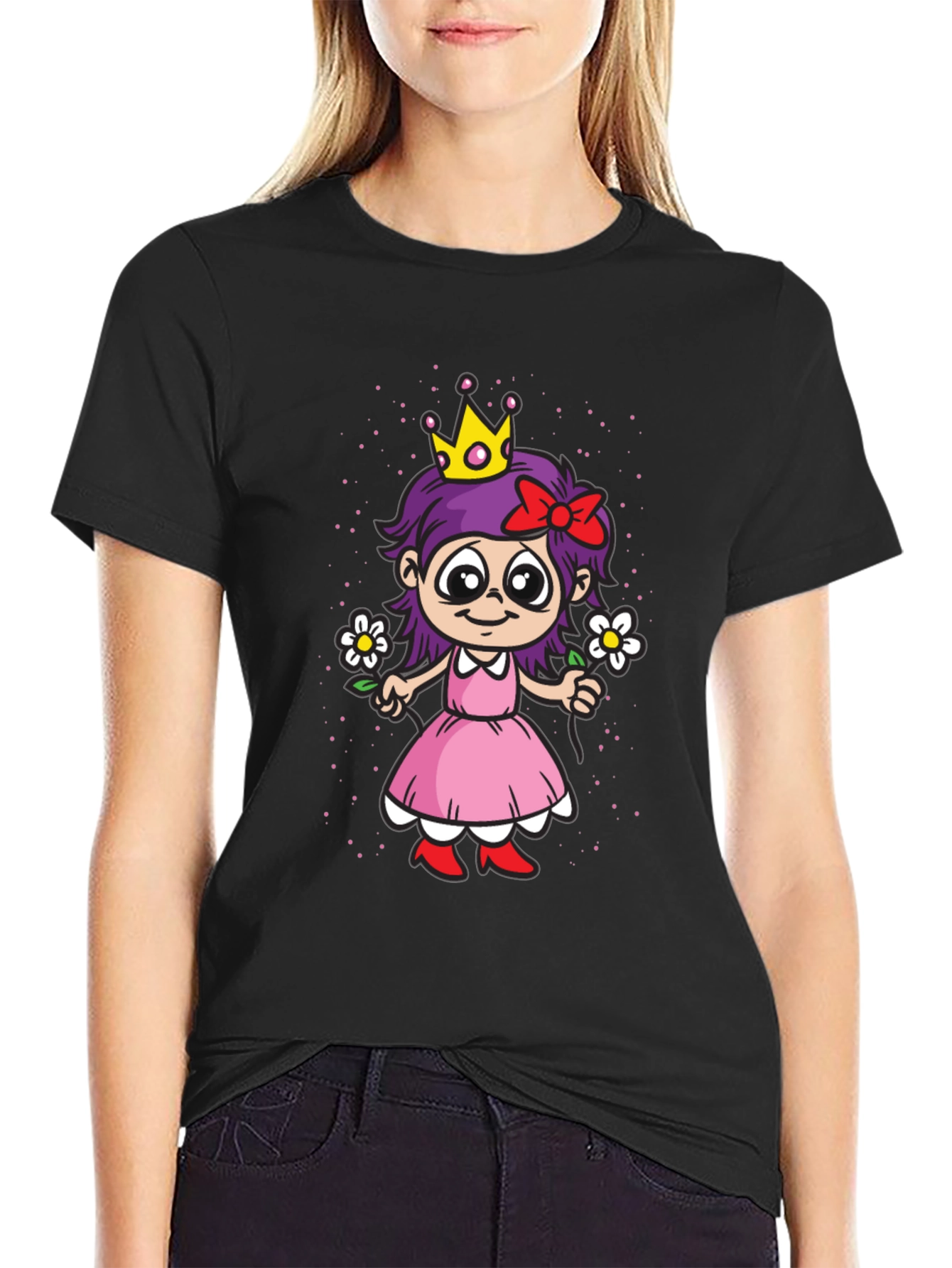 Cartoon Princess Girl Graphic T-Shirt - Black