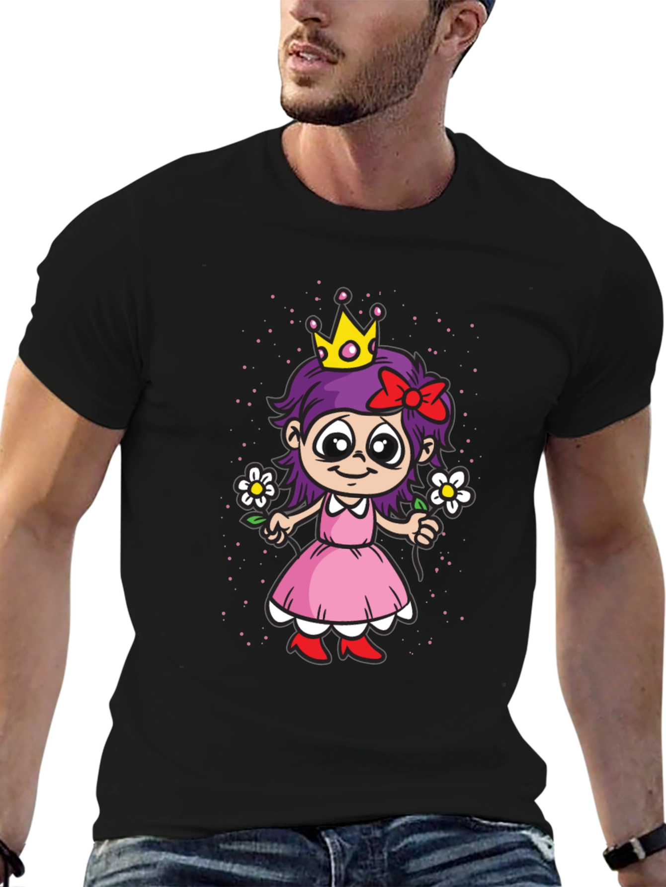 Cartoon Princess Girl Graphic T-Shirt - Black