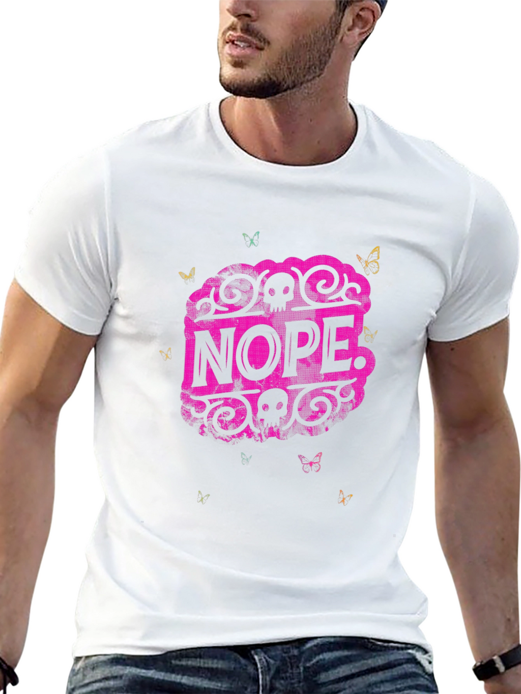 Nope Graphic Tee - Skull & Butterfly Design