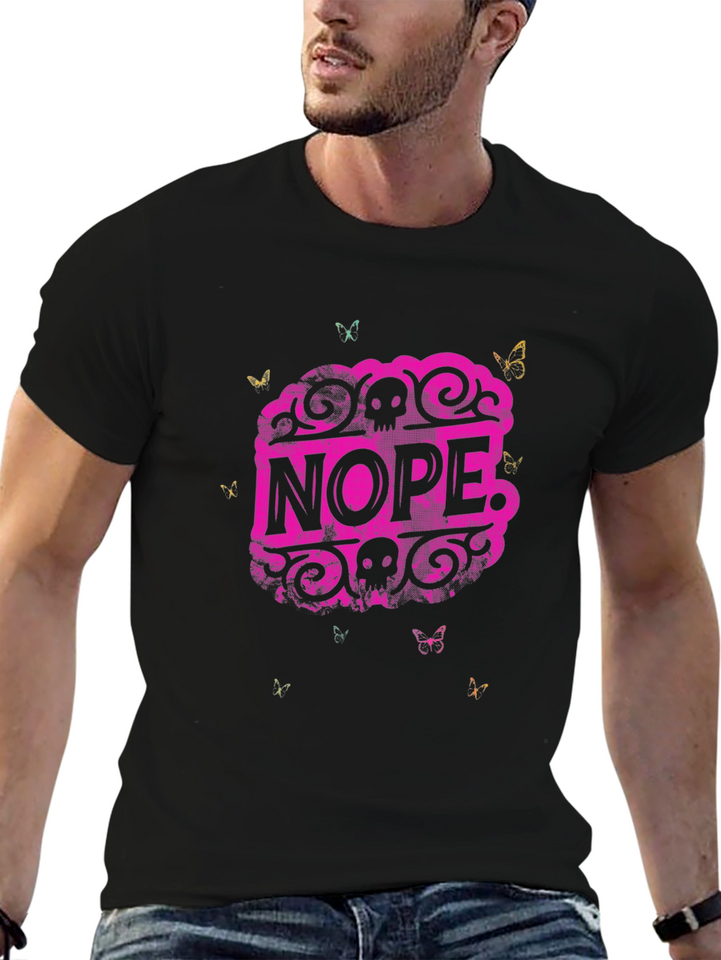 Nope Graphic Tee - Skull & Butterfly Design