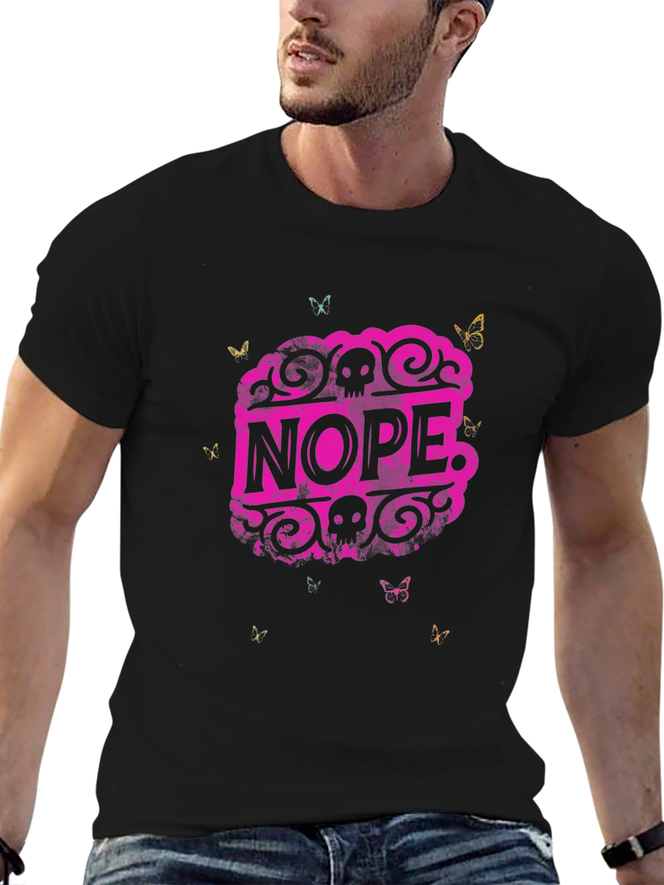 Nope Graphic Tee - Skull & Butterfly Design