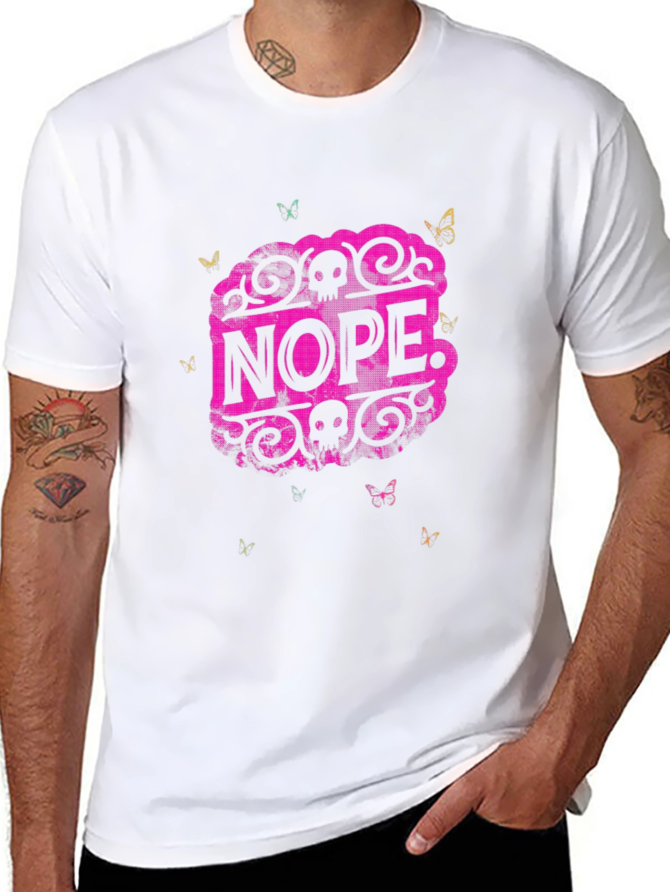 Nope Graphic Tee - Skull & Butterfly Design
