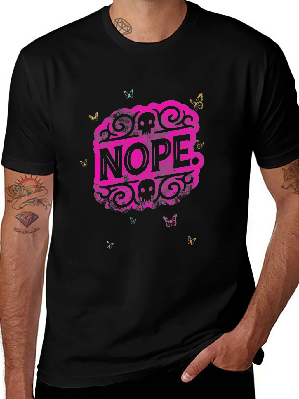 Nope Graphic Tee - Skull & Butterfly Design
