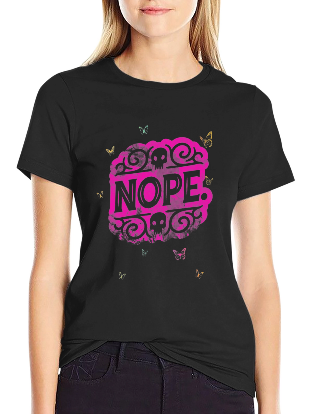 Nope Graphic Tee - Skull & Butterfly Design
