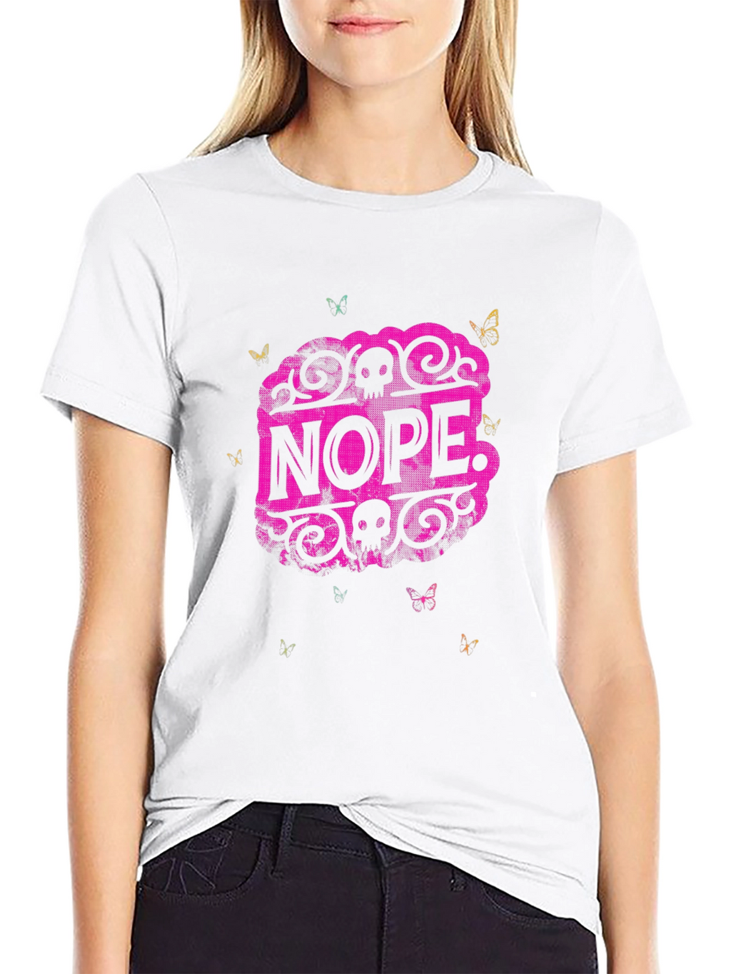 Nope Graphic Tee - Skull & Butterfly Design