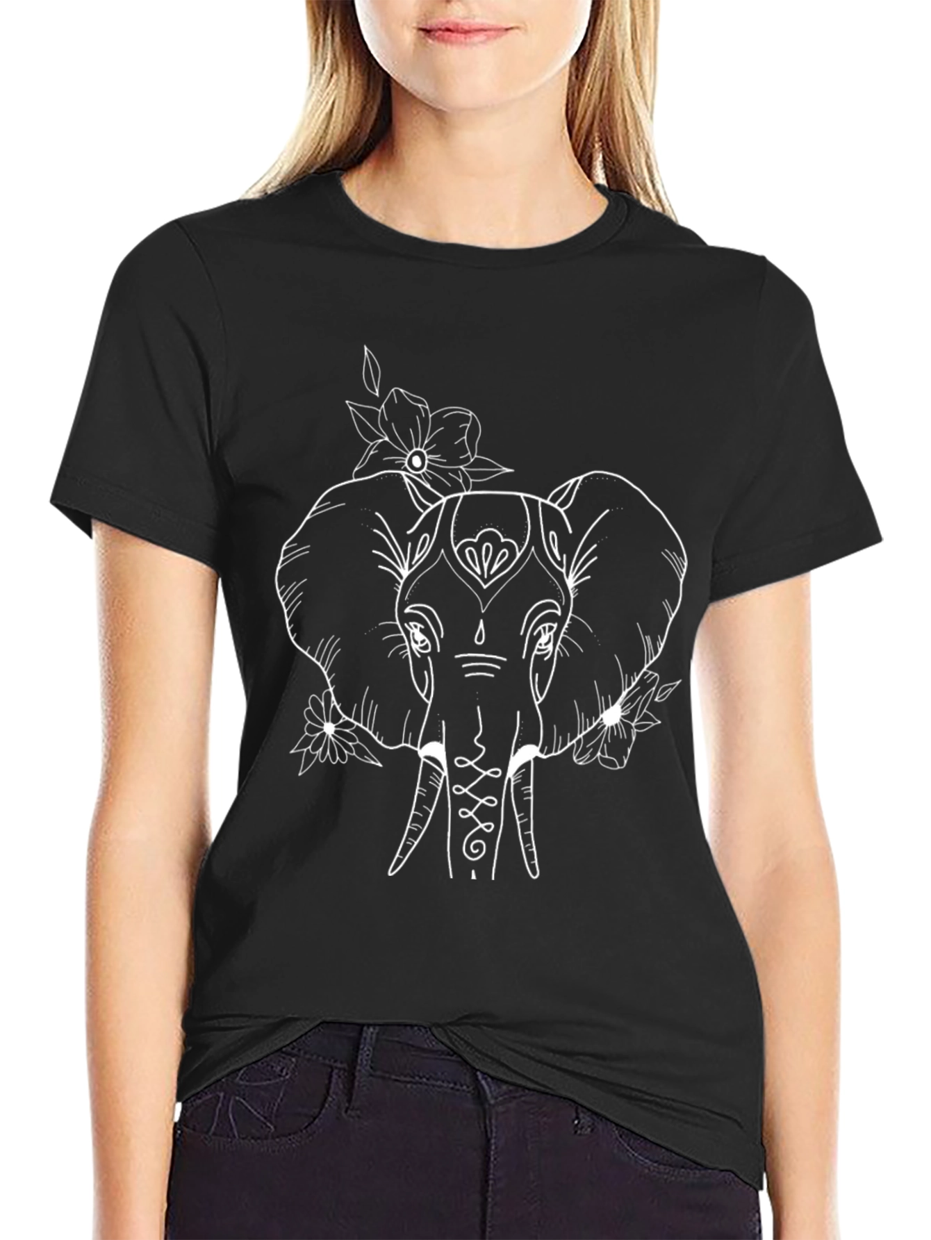 Elephant Outline Graphic Black T-Shirt
