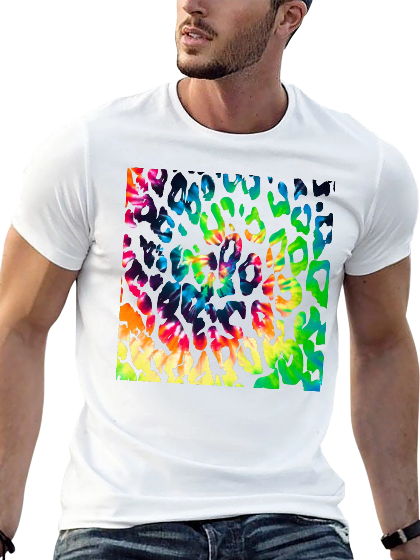 Vibrant Tie Dye Leopard Print Graphic Tee - Mens