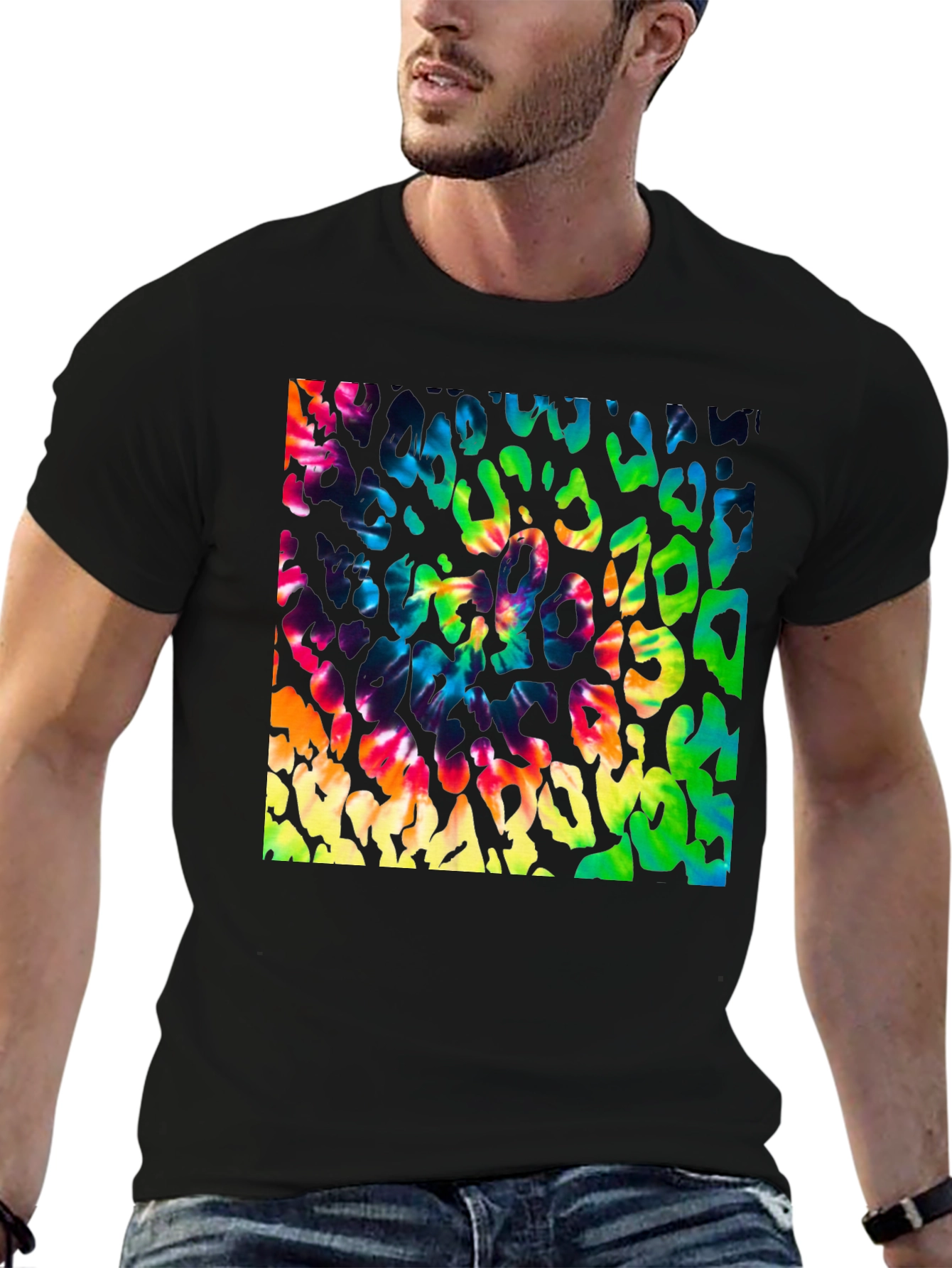 Vibrant Tie Dye Leopard Print Graphic Tee - Mens