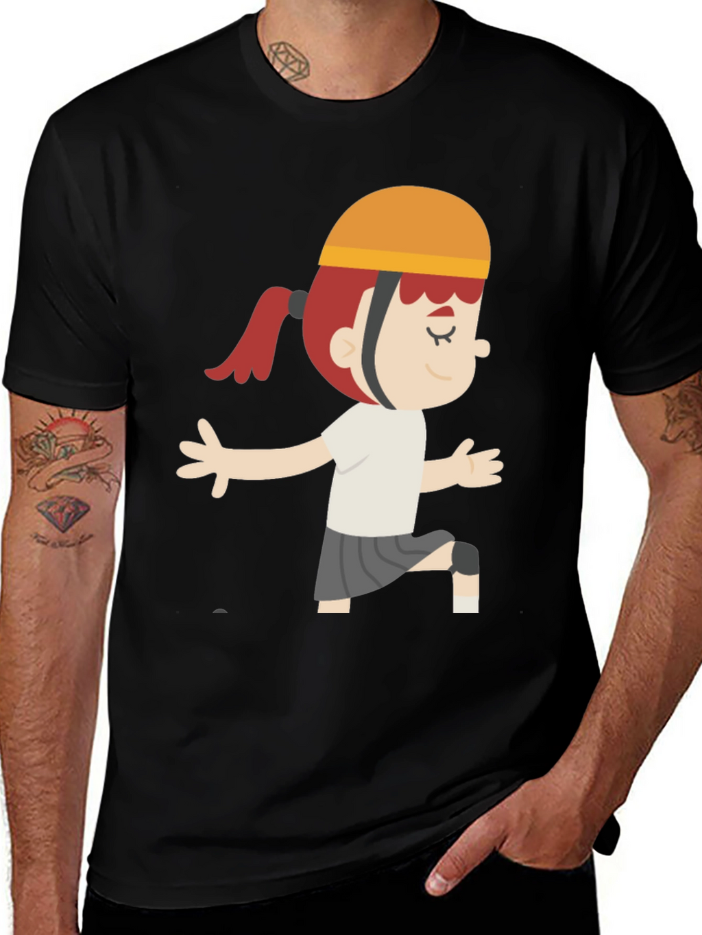 Cartoon Girl Graphic T-Shirt - Black Casual Tee
