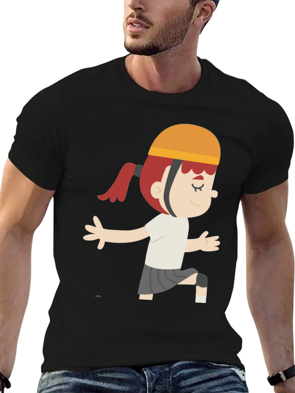 Cartoon Girl Graphic T-Shirt - Black Casual Tee
