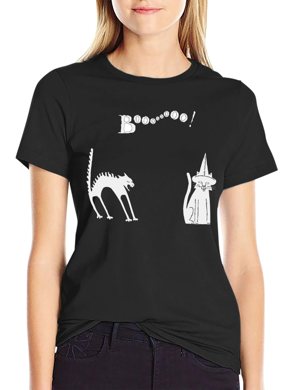 Halloween Cats Boo Graphic Black T-Shirt