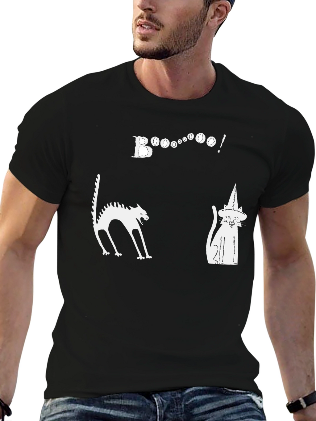 Halloween Cats Boo Graphic Black T-Shirt