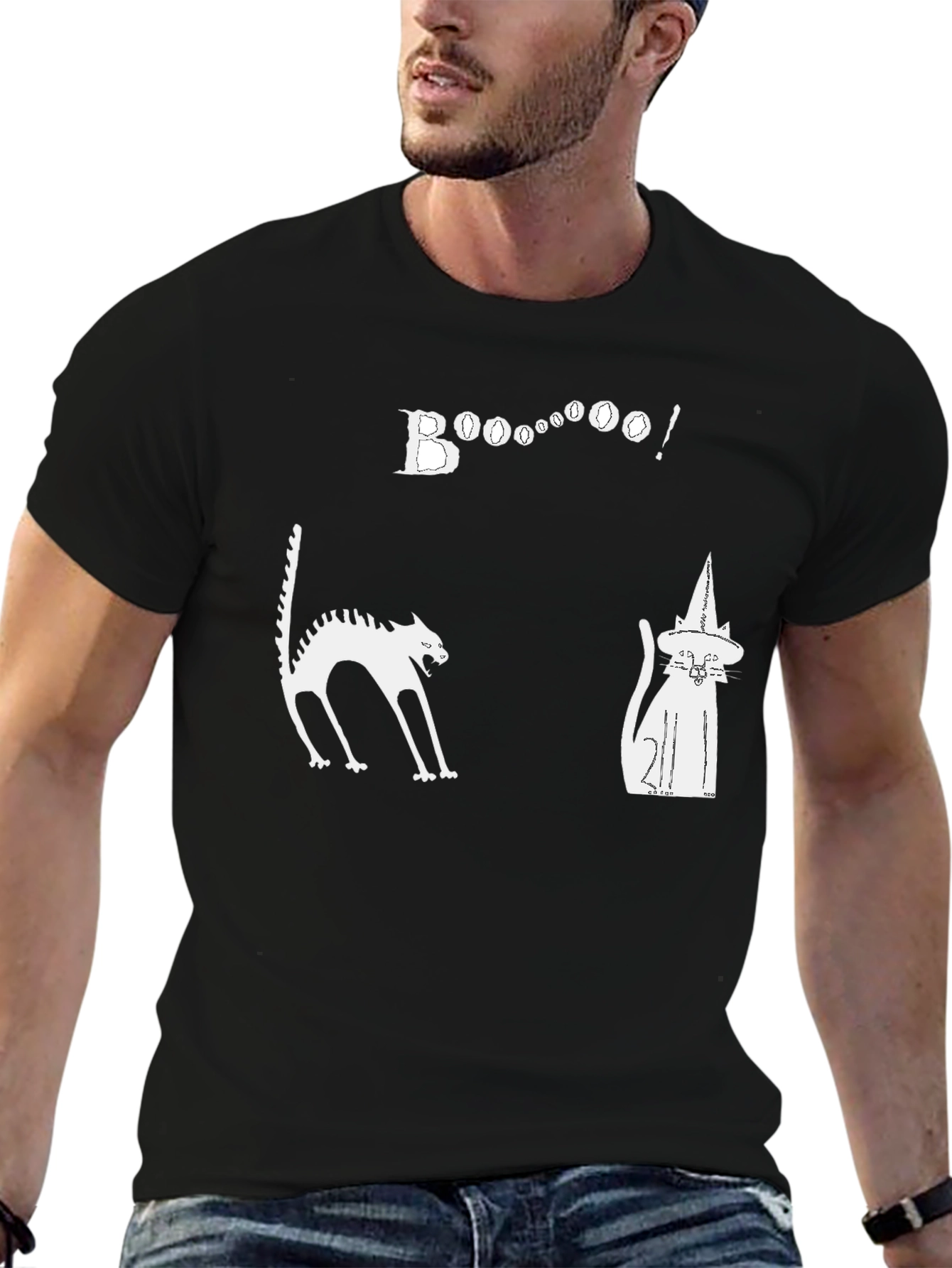 Halloween Cats Boo Graphic Black T-Shirt