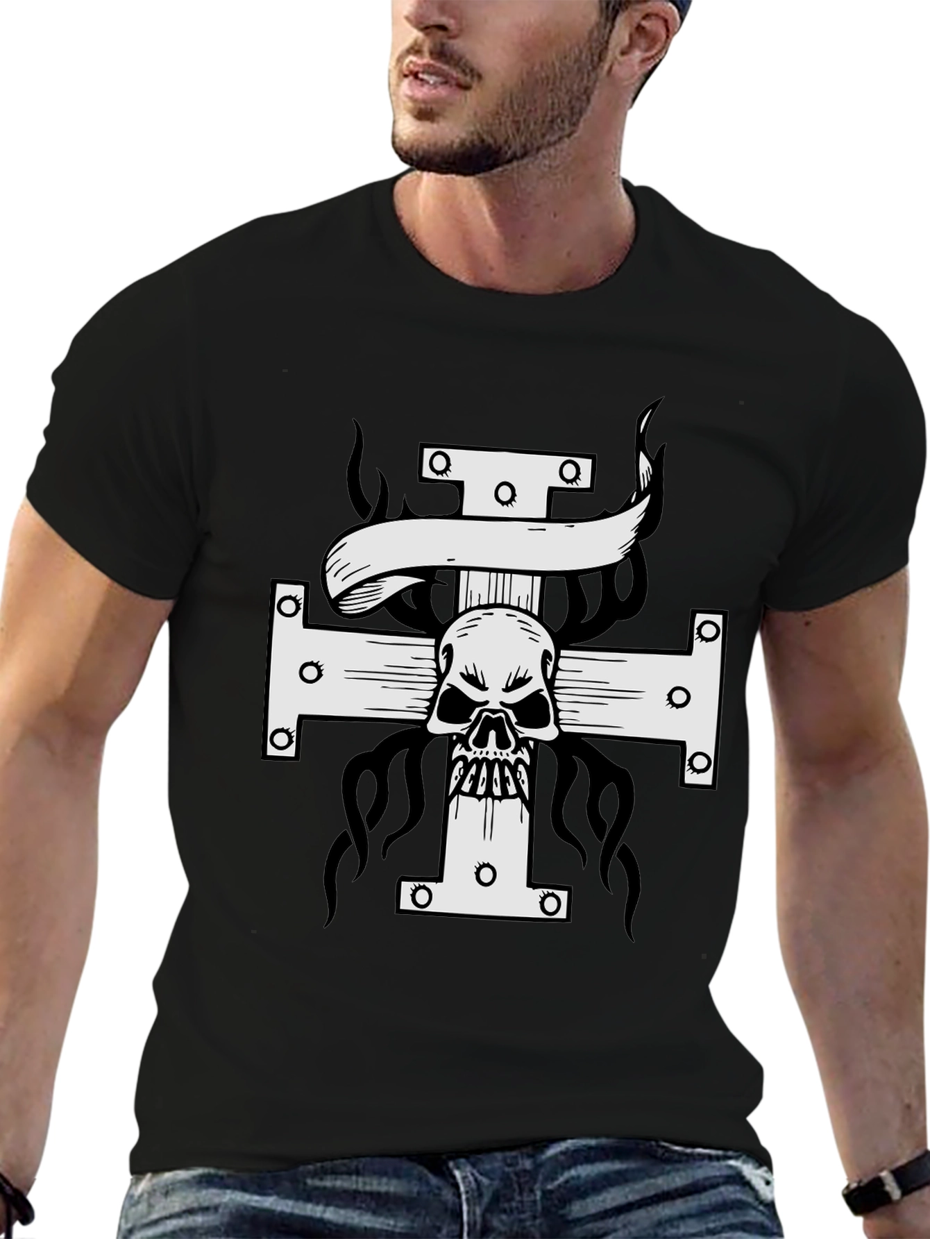 Skull Cross Graphic Print T-Shirt - Black