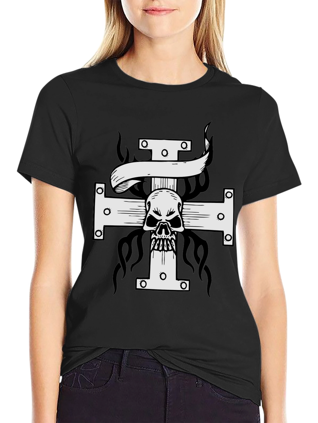 Skull Cross Graphic Print T-Shirt - Black