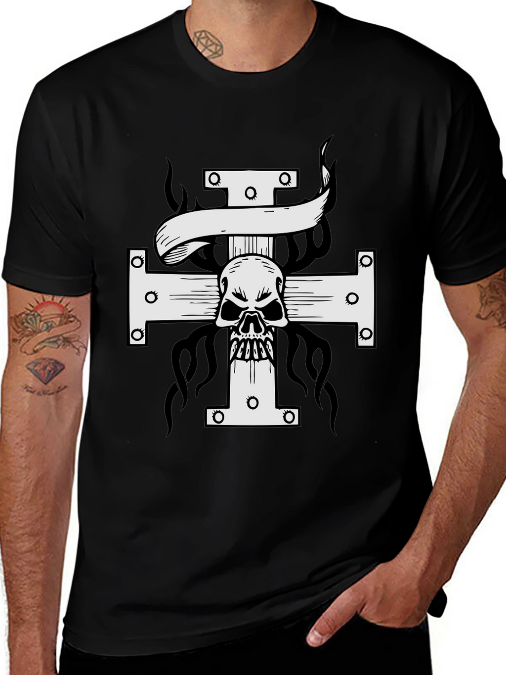 Skull Cross Graphic Print T-Shirt - Black