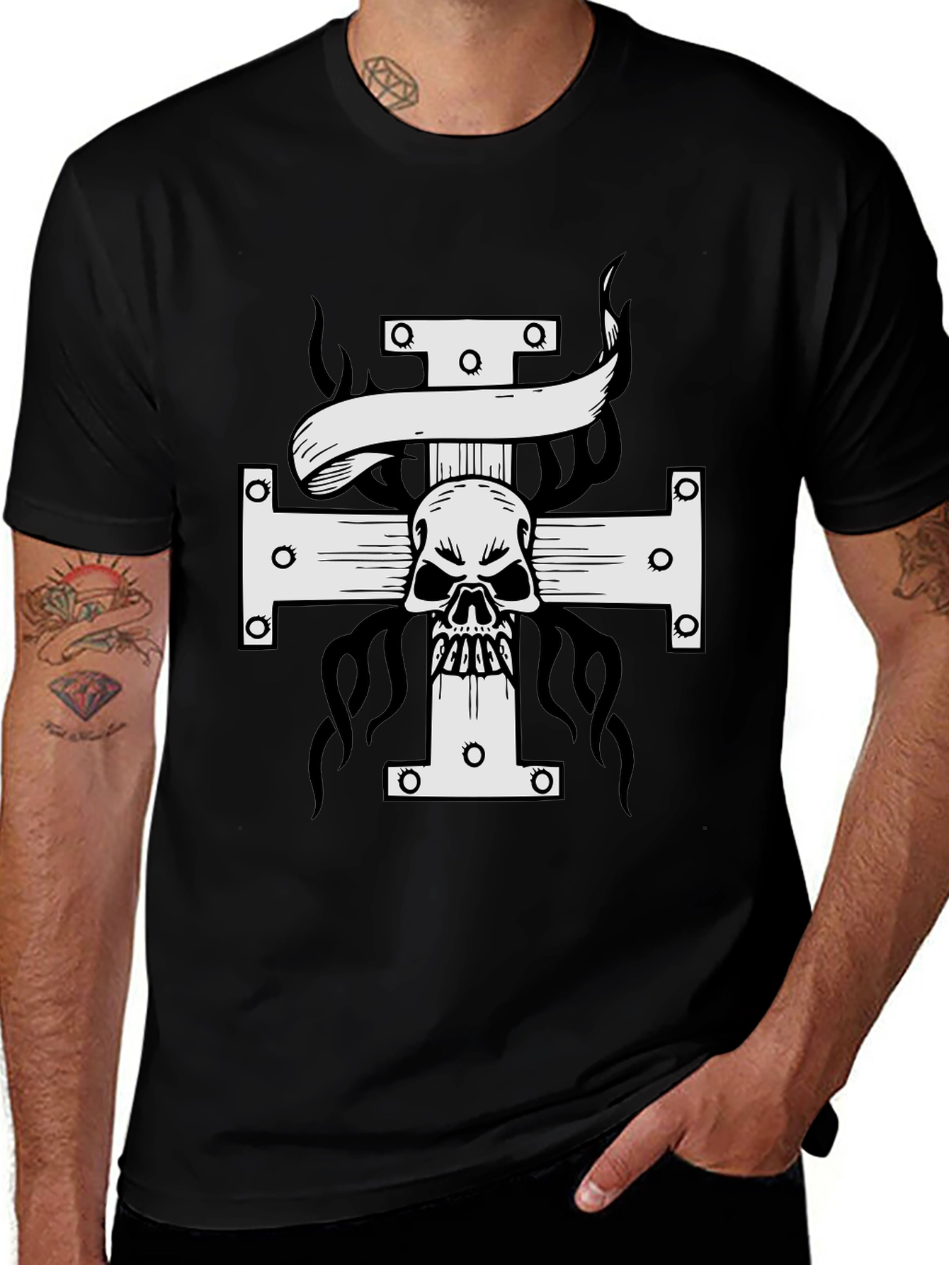 Skull Cross Graphic Print T-Shirt - Black