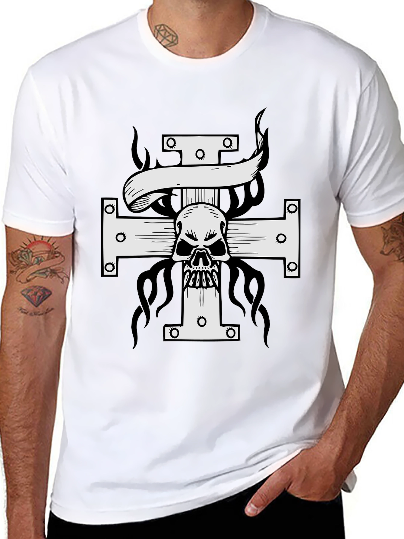 Skull Cross Graphic Print T-Shirt - Black