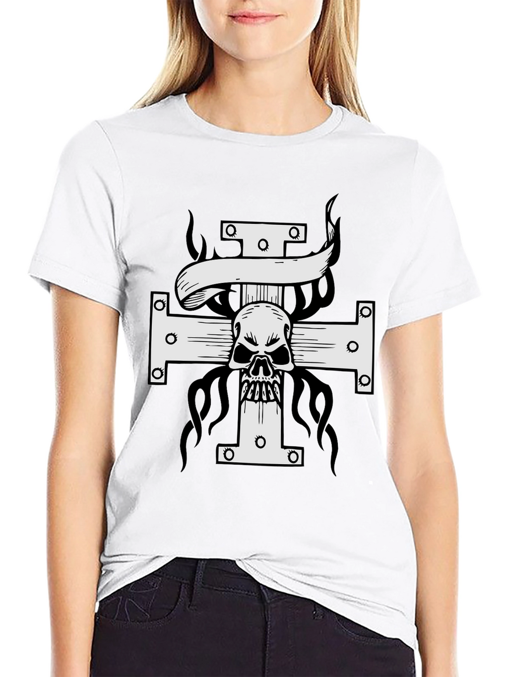 Skull Cross Graphic Print T-Shirt - Black