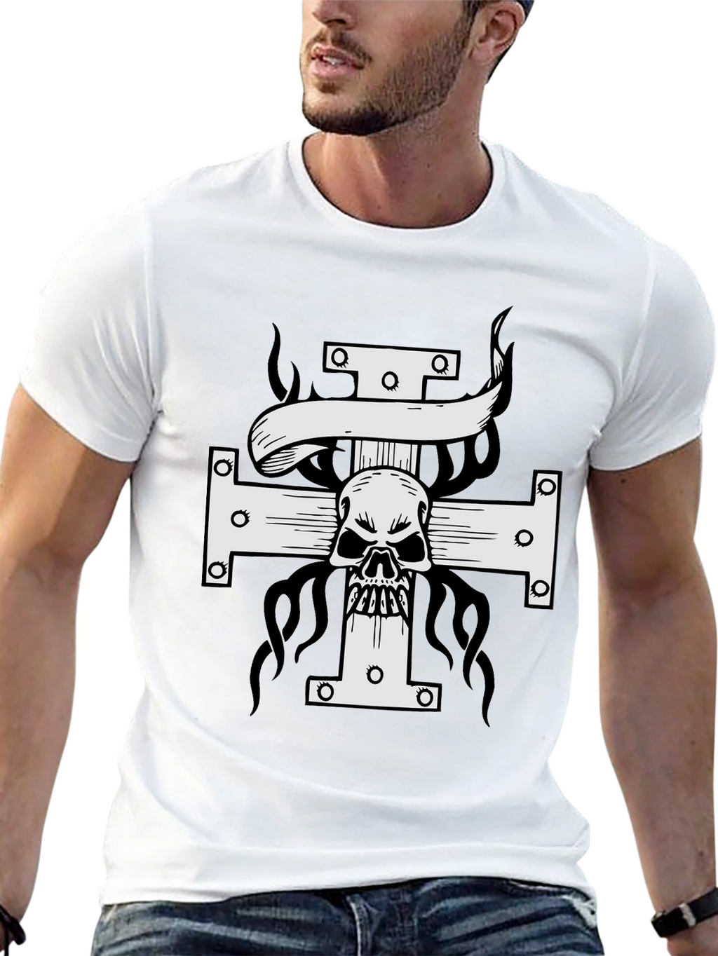 Skull Cross Graphic Print T-Shirt - Black