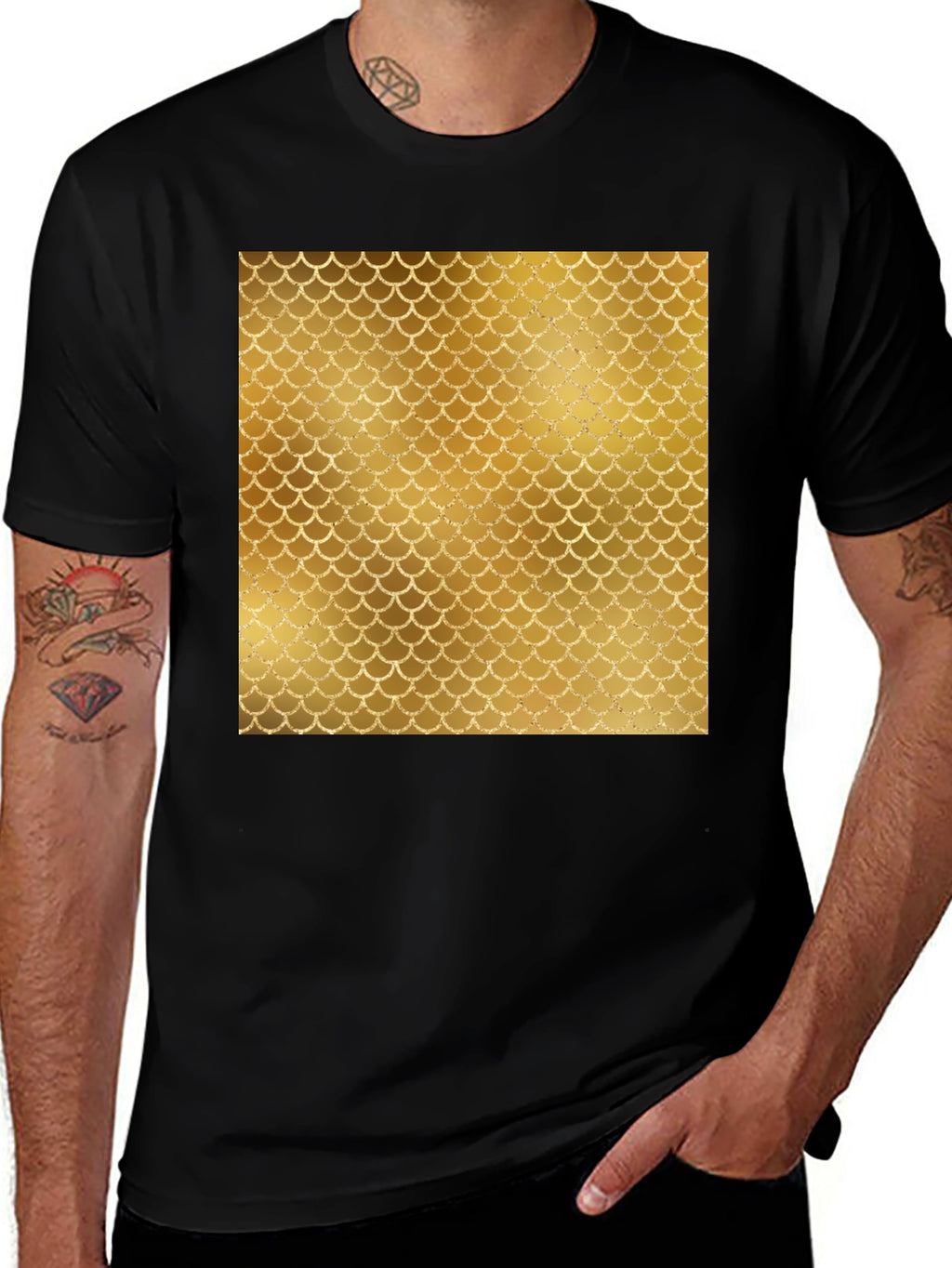 Mens Black T-Shirt with Gold Scale Design