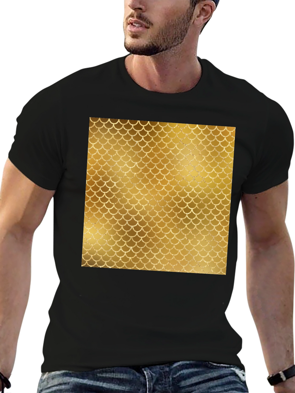 Mens Black T-Shirt with Gold Scale Design