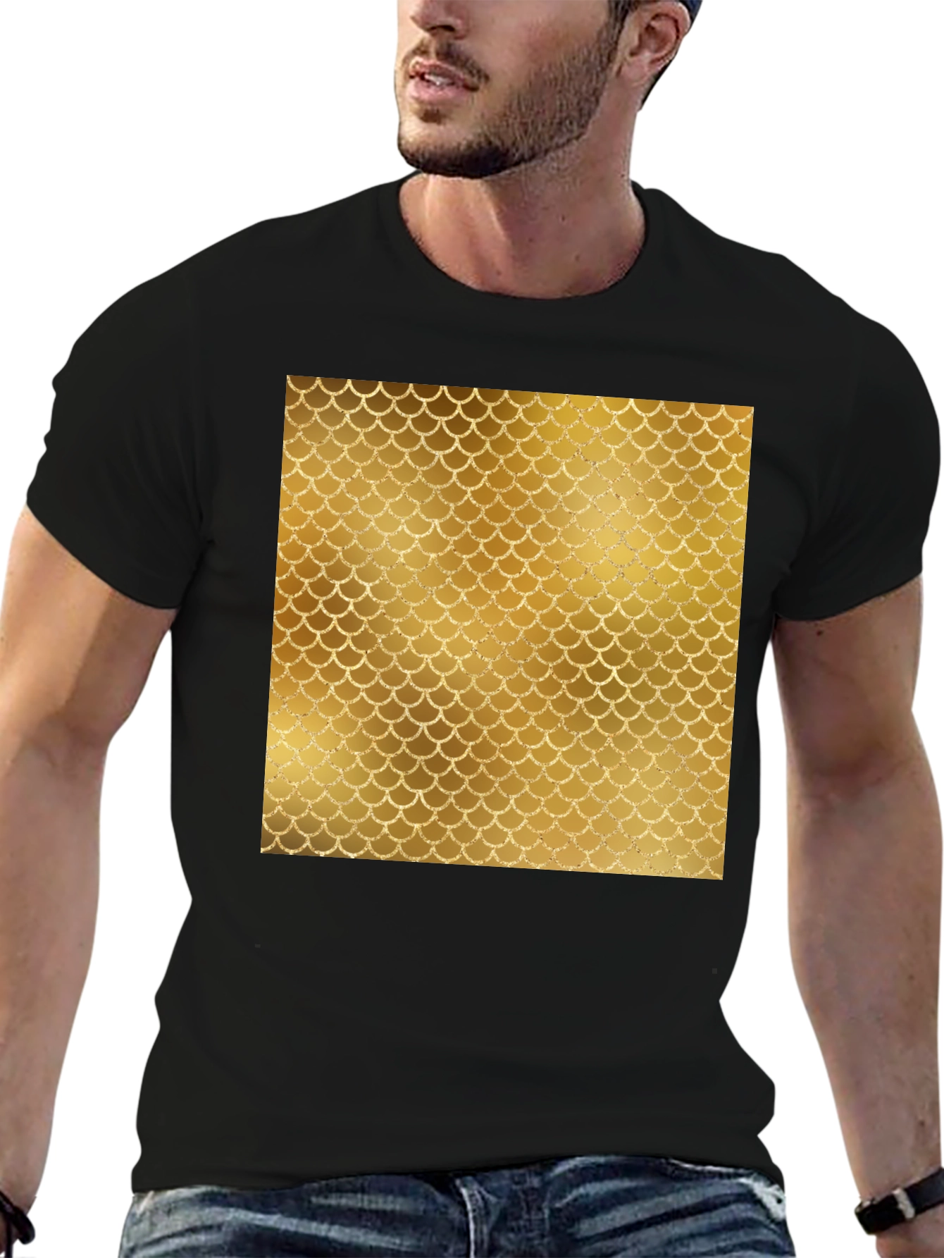 Mens Black T-Shirt with Gold Scale Design