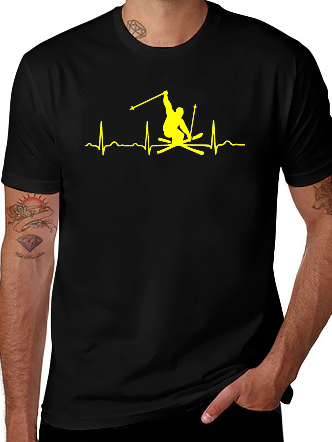 Skiing Heartbeat T-Shirt - Black Cotton Tee