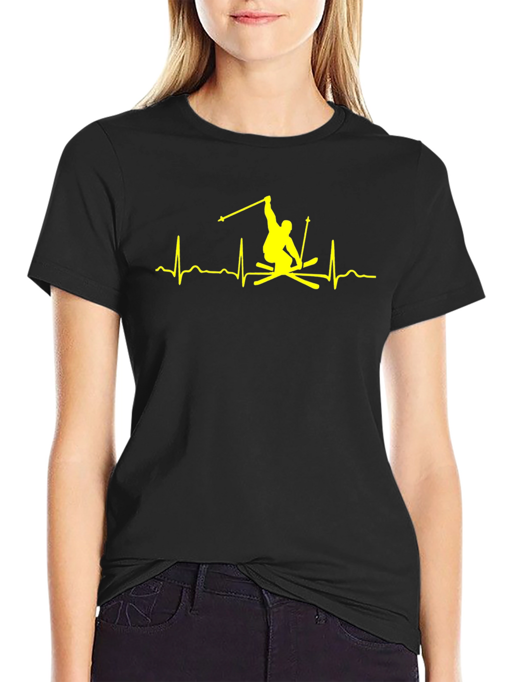 Skiing Heartbeat T-Shirt - Black Cotton Tee