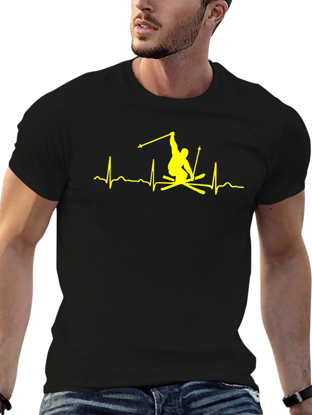 Skiing Heartbeat T-Shirt - Black Cotton Tee