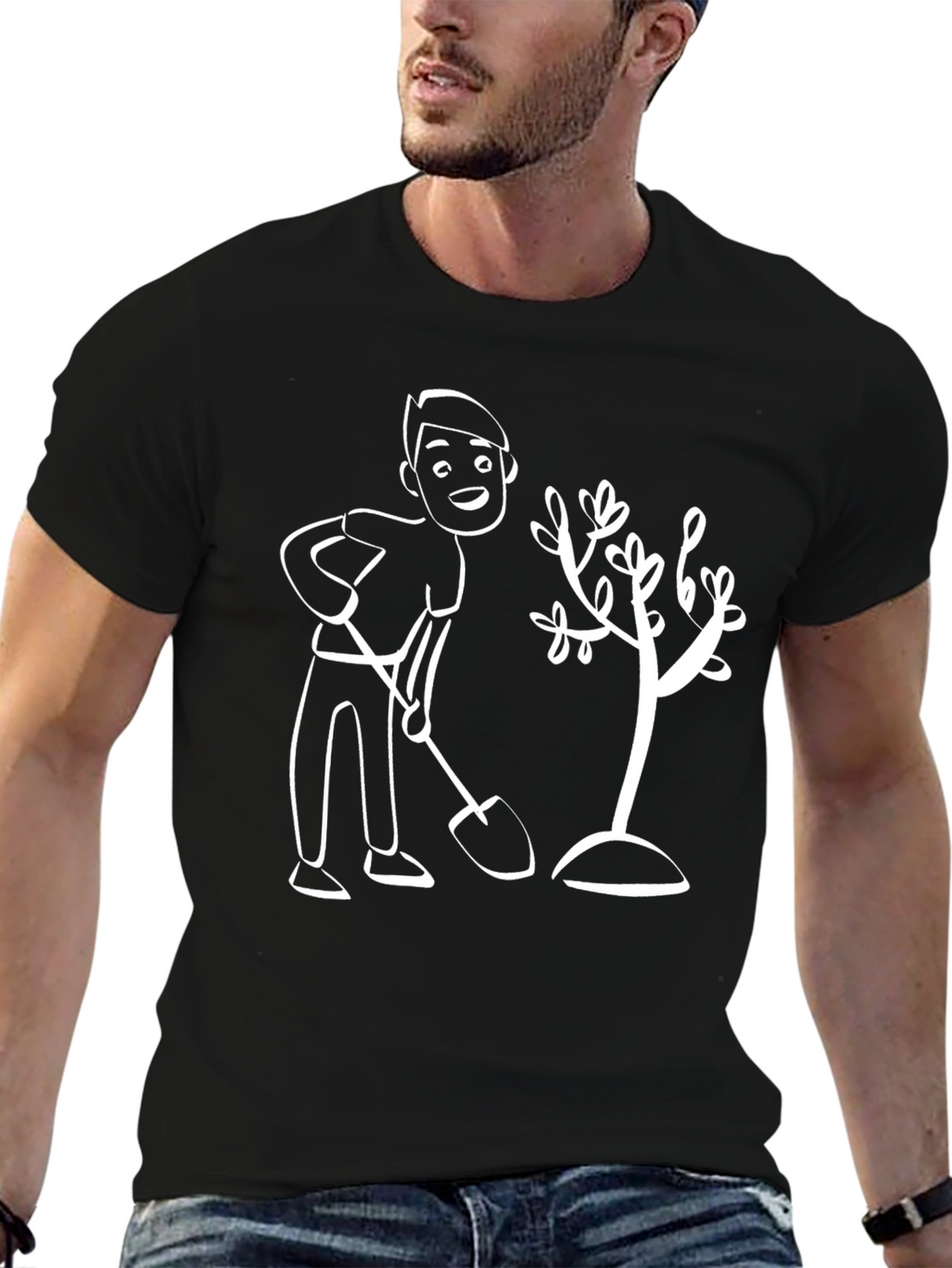 Cartoon Gardener Graphic T-Shirt - Black
