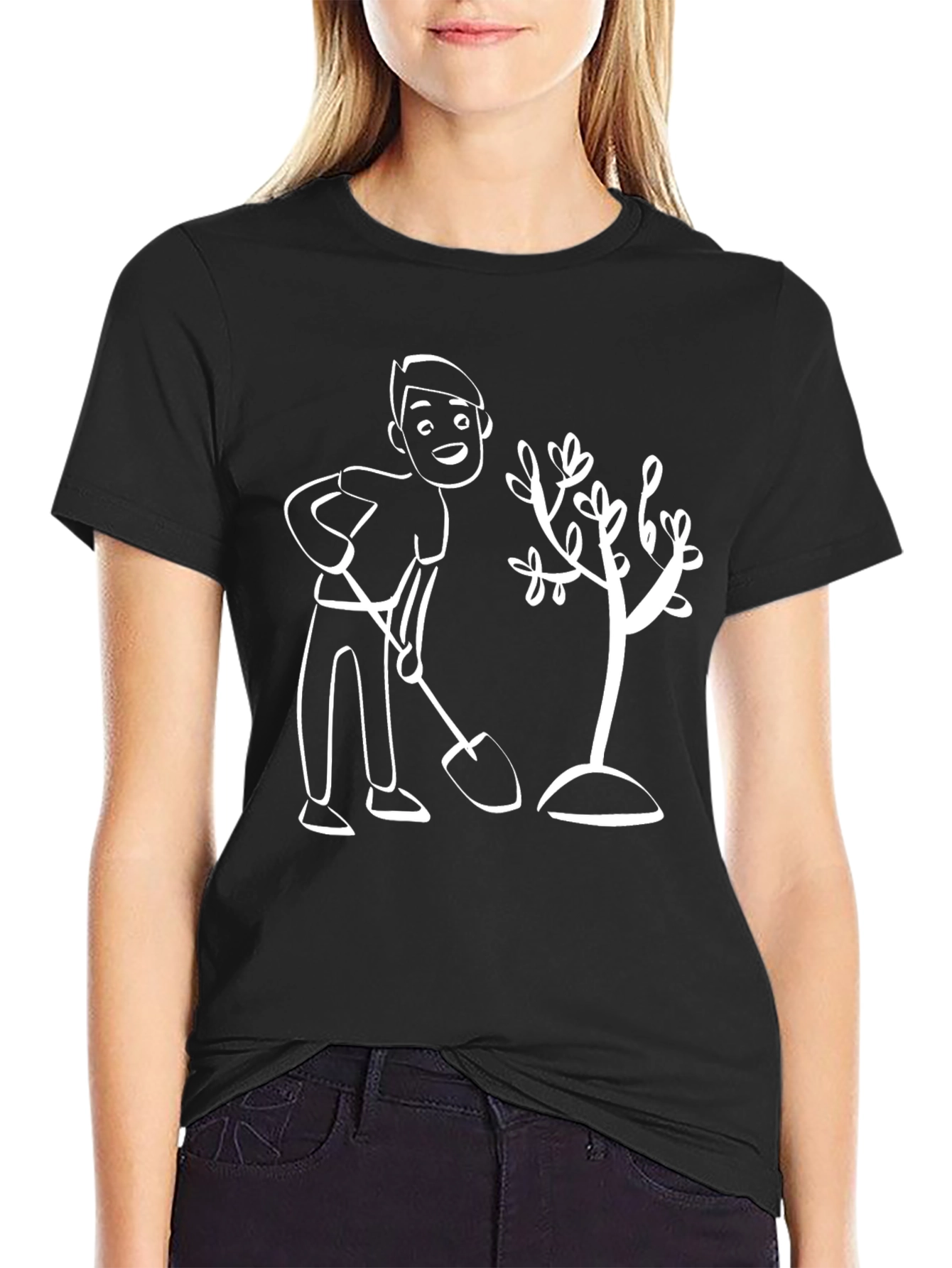 Cartoon Gardener Graphic T-Shirt - Black