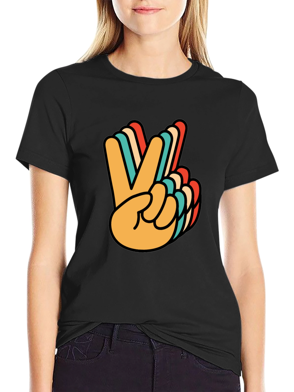 Retro Peace Sign Graphic Tee - Black Cotton T-Shirt