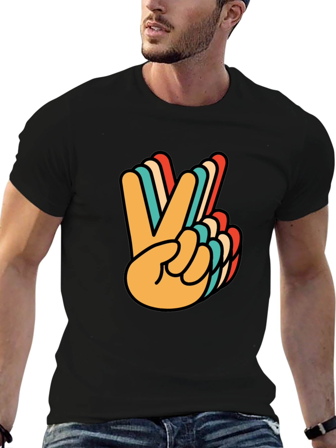 Retro Peace Sign Graphic Tee - Black Cotton T-Shirt