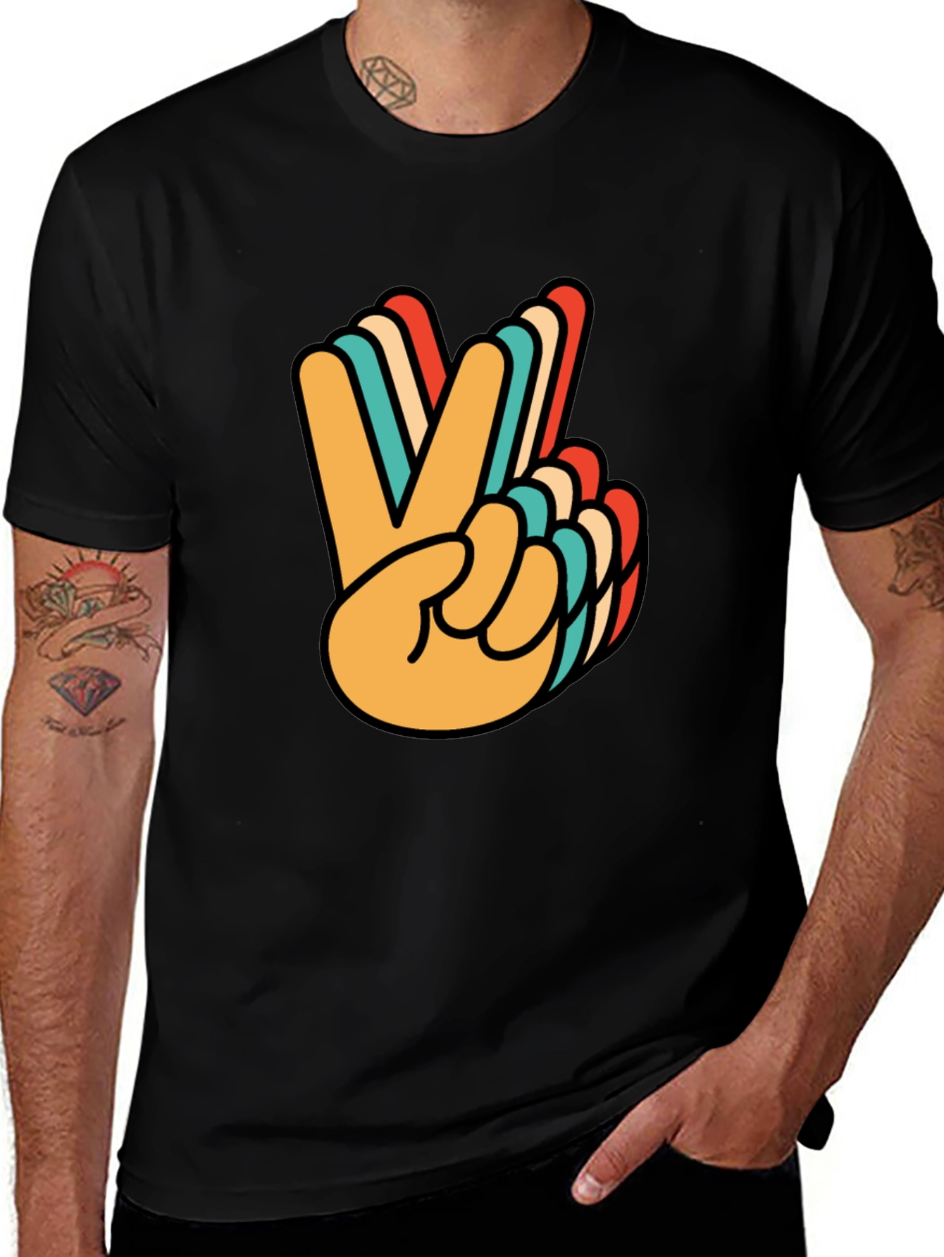 Retro Peace Sign Graphic Tee - Black Cotton T-Shirt