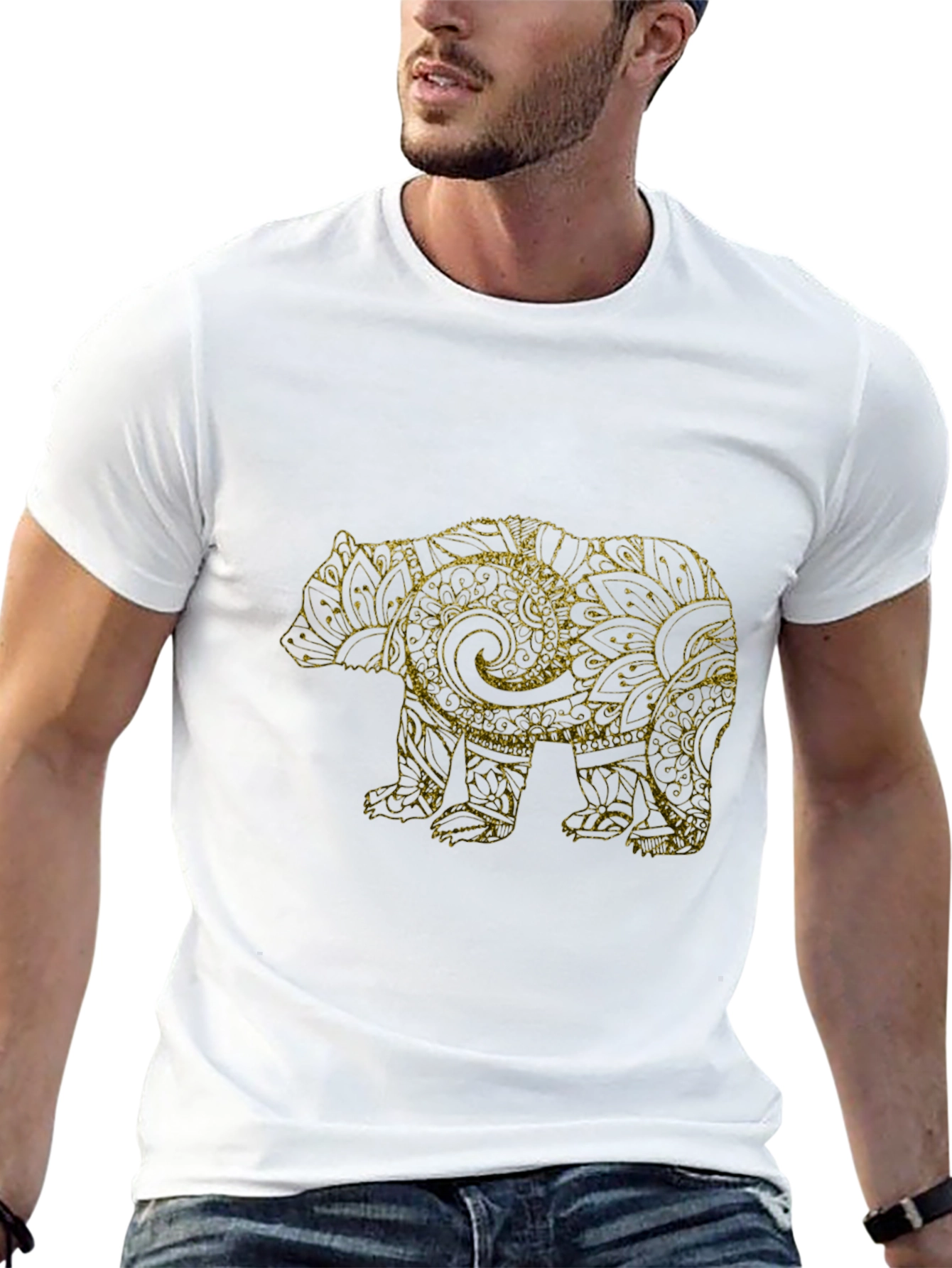 Black T-Shirt with Gold Bear Mandala