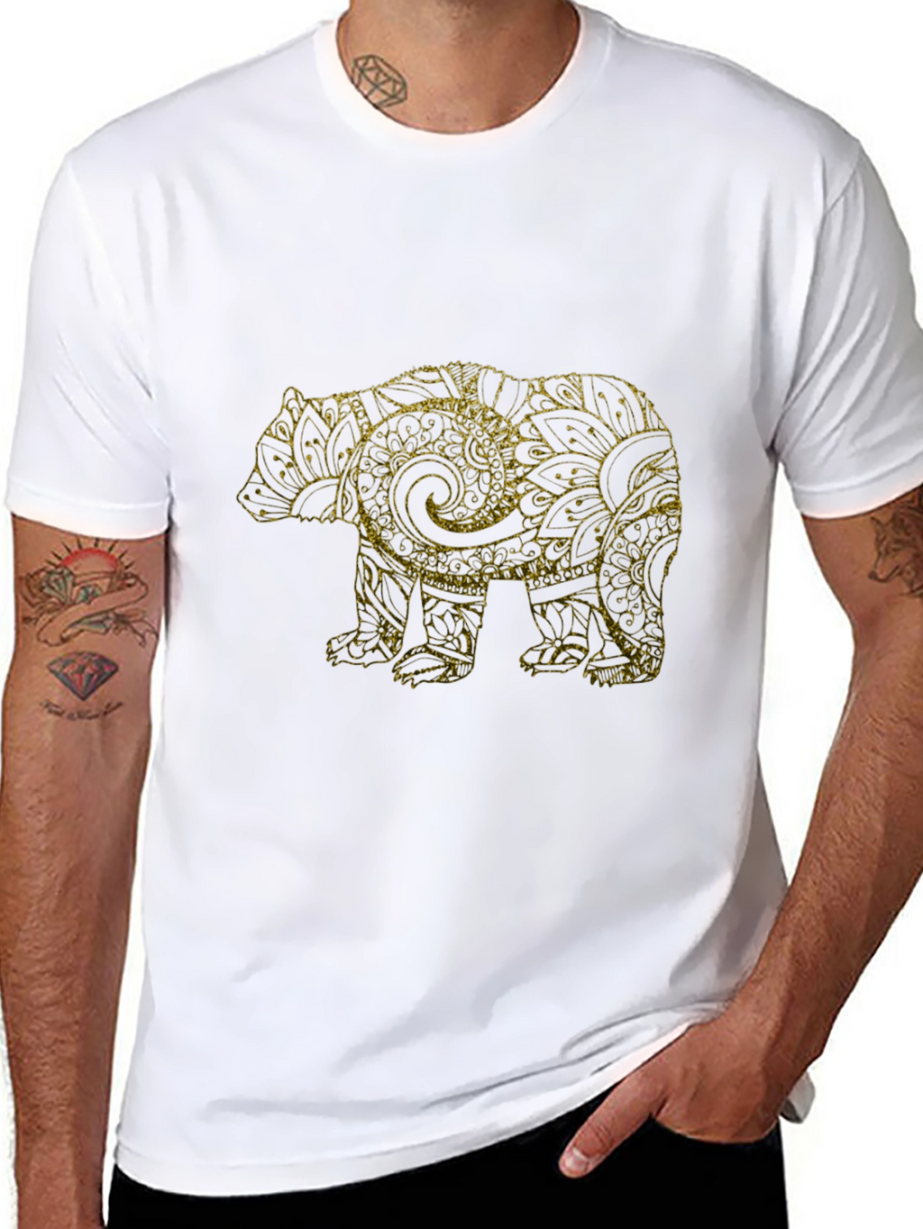 Black T-Shirt with Gold Bear Mandala